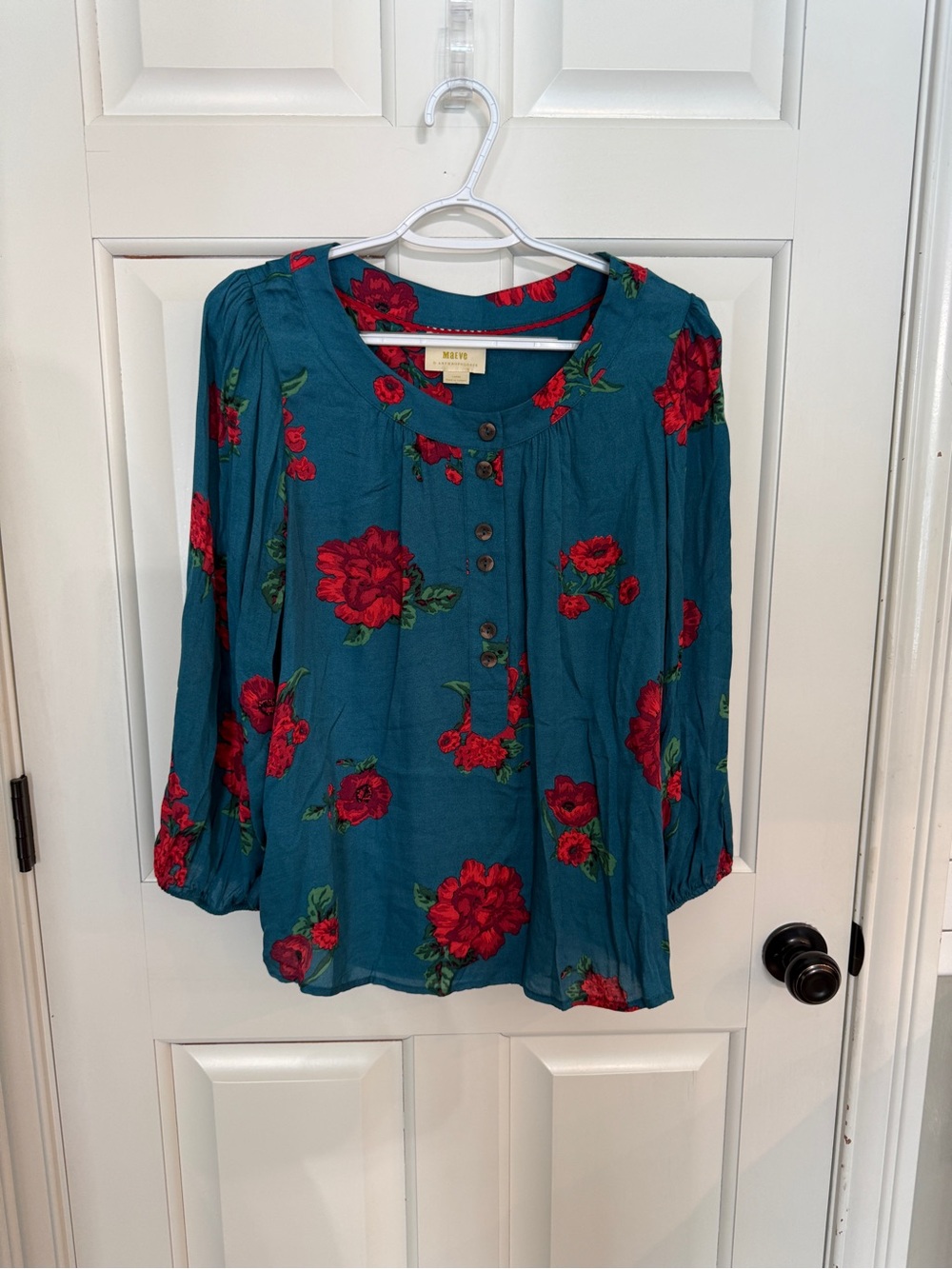 Maeve Anthropologie Kalas Henley Blouse blue red Floral 25627 - Picture 4 of 11